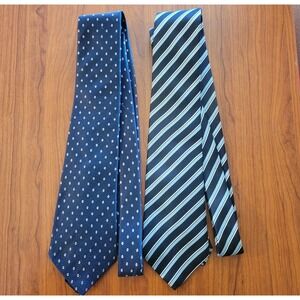Vintage Designer Collection Silk Necktie 3.5 X 57 Lot Of 2 Blue Stripe Spots
